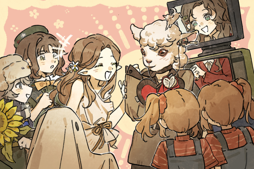 +++, 1boy, 6+girls, :d, ^_^, animal_head, avgust_(reverse:1999), barbara_(reverse:1999)