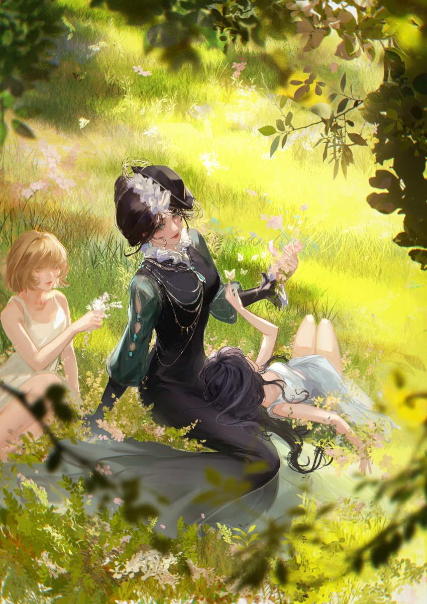 3girls, absurdres, arm_support, black_dress, black_hair, black_hat, bug, butterfly