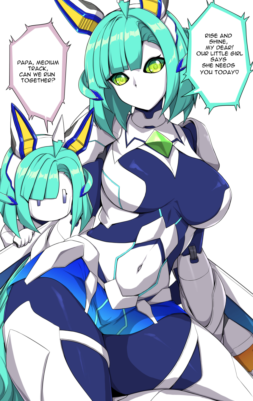 2girls, ahoge, animal_ears, artificial_eye, breasts, green_eyes, green_hair, hair_between_eyes, highres, horse_ears, horse_girl, joints, large_breasts, looking_at_viewer, mecha_umamusume_st-2_(umamusume), mechanical_ears, single_mechanical_eye, medium_hair, midriff, multiple_girls, navel, purple_eyes, robot_girl, robot_joints, sheita, speech_bubble, stomach, umamusume