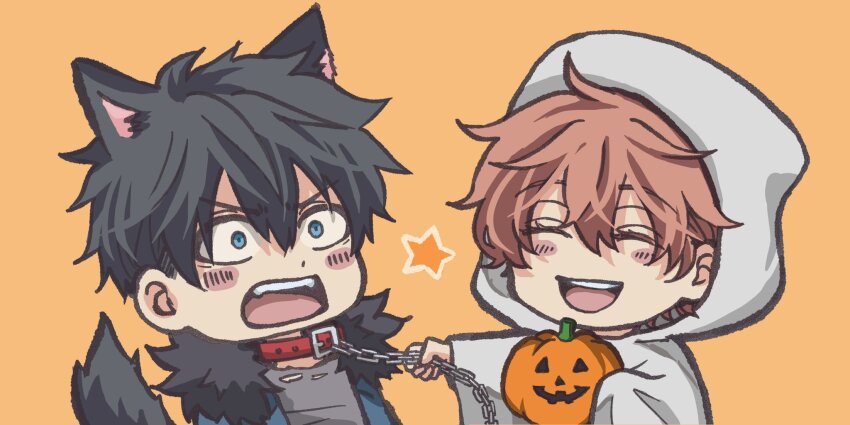 2boys, ^_^, animal_ears, black_hair, blue_eyes, blush_stickers, chain, chain_leash