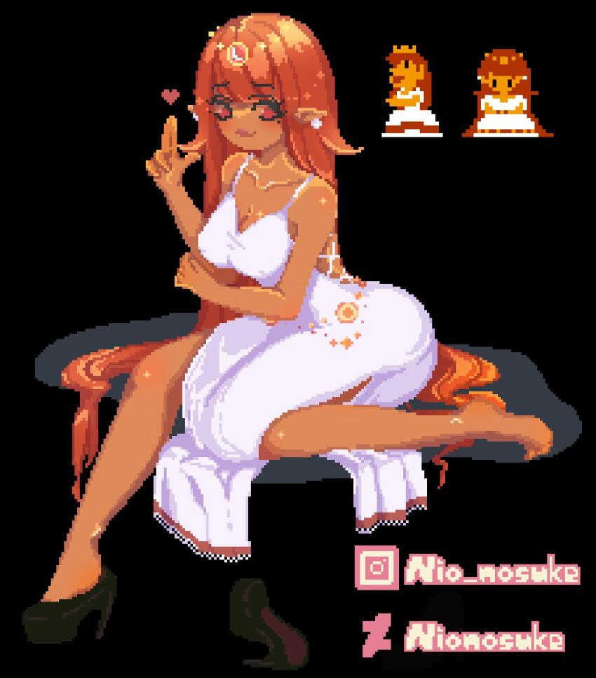 1girl, 8-bit, alternate_costume, barefoot, colored_skin, crown, derivative_work, dress