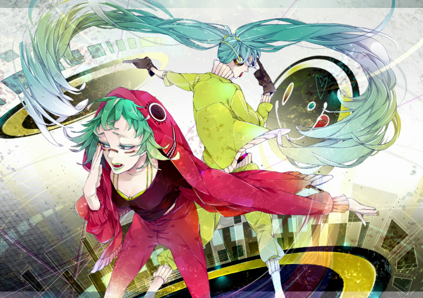 2girls, aqua_eyes, aqua_hair, gloves, green_eyes, green_hair, gumi, hatsune_miku, headphones, hood, hoodie, long_hair, matryoshka_(vocaloid), multiple_girls, red_eyes, s-s-eight, short_hair, twintails, very_long_hair, vocaloid