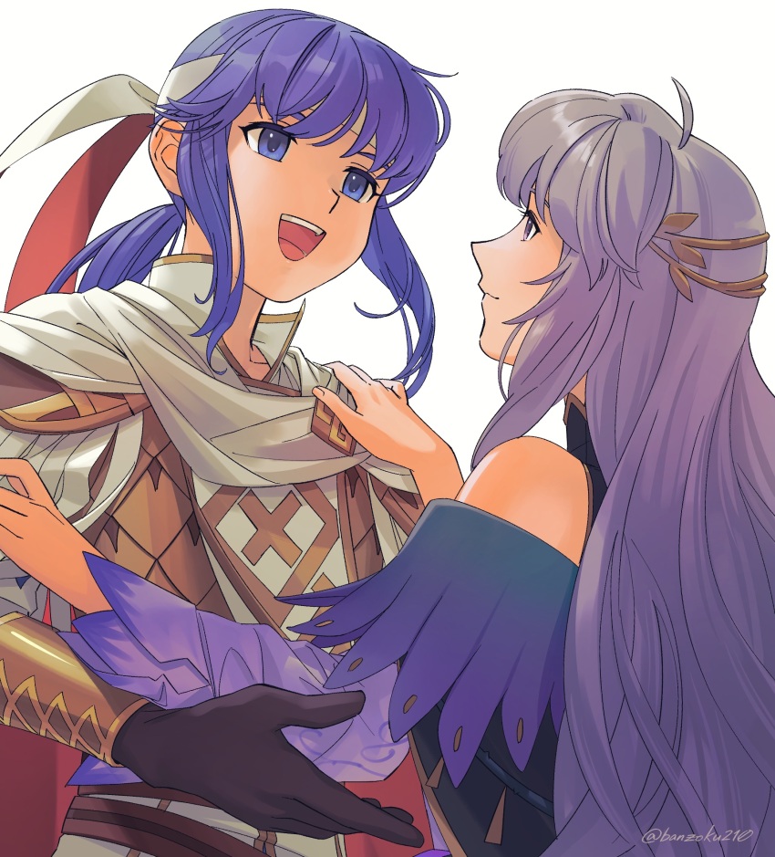 1boy, 1girl, :d, ahoge, armor, asagi_(banzoku210), belt, black_gloves, blue_eyes, blue_hair, brown_belt, cape, circlet, closed_mouth, clothing_cutout, collarbone, curly_hair, deirdre_(fire_emblem), deirdre_(resplendent)_(fire_emblem), dress, fire_emblem, fire_emblem:_genealogy_of_the_holy_war, fire_emblem_heroes, floating_hair, from_below, gloves, gold_circlet, gold_trim, hair_between_eyes, hand_on_another's_arm, hand_on_another's_shoulder, hand_up, headband, high_collar, highres, long_hair, long_sleeves, looking_at_another, low_ponytail, mother_and_child, mother_and_son, nintendo, official_alternate_costume, open_mouth, parent_and_child, pauldrons, ponytail, purple_dress, purple_eyes, purple_hair, red_cape, red_headband, seliph_(fire_emblem), seliph_(resplendent)_(fire_emblem), shoulder_armor, shoulder_cutout, sidelocks, simple_background, smile, teeth, tunic, twitter_username, two-sided_cape, two-sided_fabric, two-tone_headwear, upper_teeth_only, vambraces, very_long_hair, white_background, white_cape, white_headband