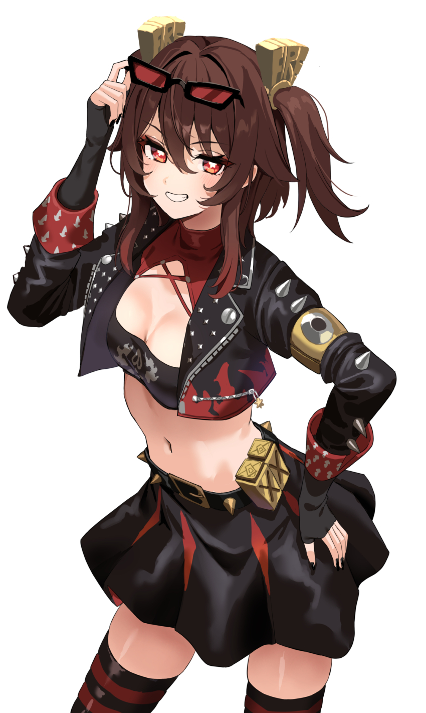1girl, alternate_breast_size, alternate_costume, black-framed_eyewear, black_jacket, black_nails, blush, breasts