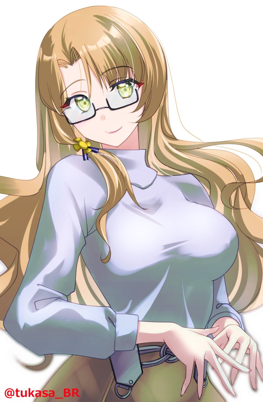 1girl, blonde_hair, commentary_request, glasses, green_eyes, green_skirt, highres, kantai_collection
