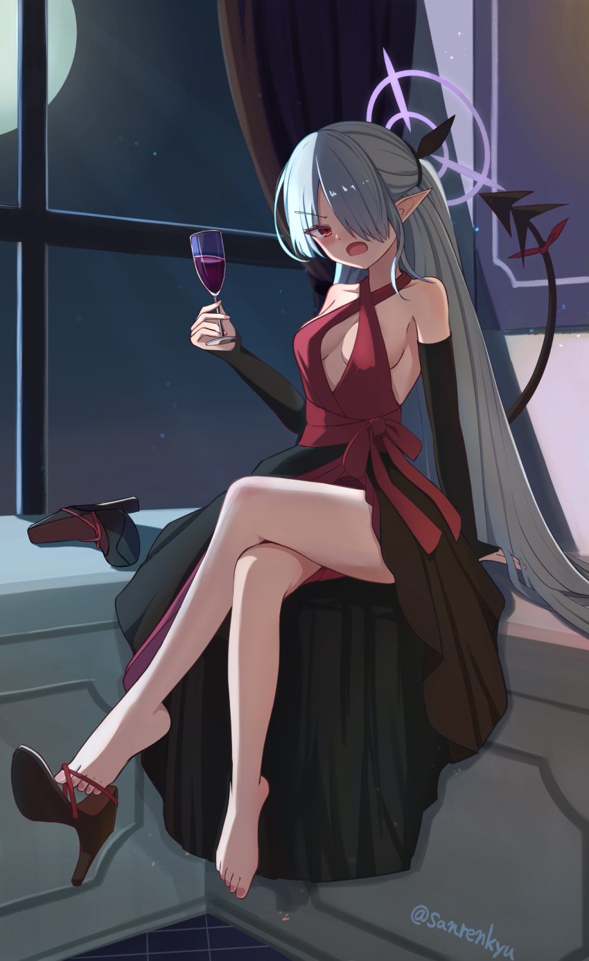1girl, alcohol, alternate_costume, alternate_hairstyle, bare_shoulders, barefoot, black_bridal_gauntlets, black_ribbon, black_shoes, blue_archive, bow, breasts, bridal_gauntlets, collarbone, commentary_request, criss-cross_halter, crossed_legs, cup, dark-skinned_female, dark_skin, demon_girl, demon_tail, doku-doku, dress, drinking_glass, evening_gown, feet, formal_clothes, full_body, full_moon, grey_hair, hair_over_one_eye, hair_ribbon, half_updo, halo, halterneck, hand_up, high_heels, highres, holding, holding_cup, indoors, iori_(blue_archive), long_hair, looking_at_viewer, medium_breasts, moon, moonlight, night, no_bra, one_eye_covered, open_mouth, partial_commentary, pointy_ears, purple_halo, red_bow, red_dress, red_eyes, ribbon, shoes, sideboob, sidelighting, single_shoe, sitting, sleeveless, sleeveless_dress, solo, straight_hair, tail, tail_bow, tail_ornament, tail_raised, thighs, toenails, toes, tsurime, twitter_username, v-shaped_eyebrows, very_long_hair, window, wine, wine_glass