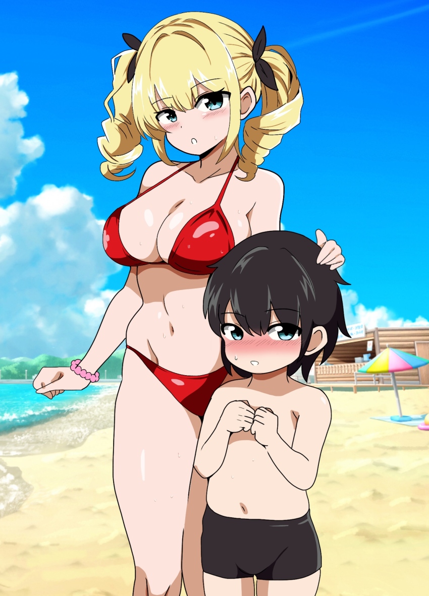 1boy, 1girl, age_difference, beach, bikini, black_hair, black_male_swimwear, blonde_hair