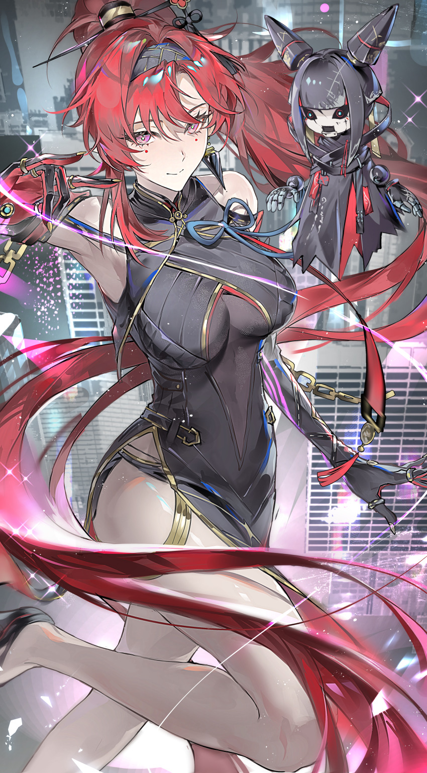 absurdly_long_hair, absurdres, armpits, bare_legs, bare_shoulders, black_bodysuit, black_cloak, black_eyes, black_gloves, black_hair, black_hairband, black_shorts, blue_pupils, bodysuit, breasts, circle_facial_mark, cityscape, cloak, closed_mouth, commentary, earrings, elbow_gloves, facial_mark, gloves, hair_ornament, hair_stick, hairband, highres, huang_huo_liaoyuan, jewelry, large_breasts, legs, long_hair, looking_at_viewer, mark_under_both_eyes, midair, purple_eyes, red_hair, short_shorts, shorts, smile, very_long_hair, wuthering_waves, yinlin_(wuthering_waves), zapstring_(wuthering_waves)