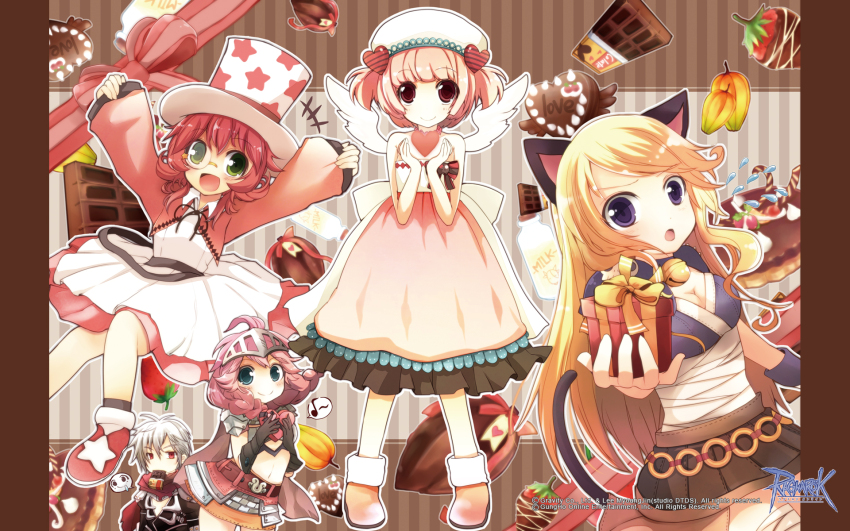 +++, 1boy, 4girls, :d, animal_ears, armor, armored_skirt, assassin_(ragnarok_online), assassin_cross_(ragnarok_online), bandages, bandages_over_clothes, belt, black_belt, black_gloves, black_shirt, blonde_hair, blush, bottle, box, breasts, brown_background, brown_skirt, cacao_fruit, candy, cat_ears, cat_girl, cat_tail, chocolat_basinio, chocolate, chocolate-covered_food, chocolate_bar, chocolate_heart, chocolate_strawberry, cleavage, closed_mouth, collared_shirt, copyright_notice, eating, flying_sweatdrops, food, frilled_skirt, frills, full_body, gift, gift_box, gloves, green_eyes, heart, heart-shaped_food, highres, holding, holding_gift, jacket, logo, long_hair, looking_at_viewer, medium_breasts, medium_hair, midriff, milk, milk_bottle, monocle, multiple_girls, official_art, official_wallpaper, open_mouth, pauldrons, phantom_thief_anniversary, pink_hair, pink_jacket, pink_skirt, purple_eyes, purple_shirt, ragnarok_online, red_scarf, rune_(ragnarok_online), scarf, shindo_hachigo, shirt, short_hair, shoulder_armor, shy_(ragnarok_online), skirt, smile, tail, two_side_up, valentine, visor_(armor), white_hair, white_shirt, white_wings, wickebine_(ragnarok_online), wings