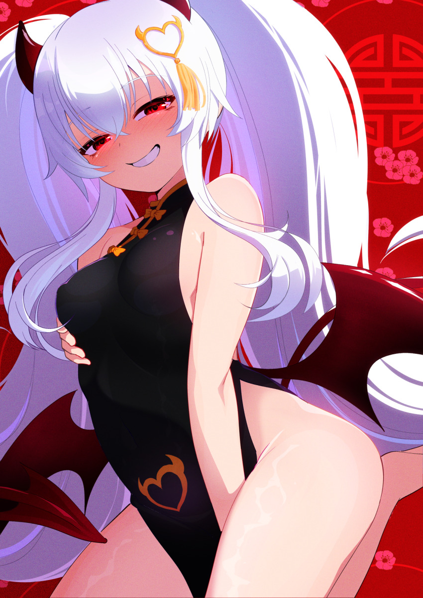 1girl, bare_shoulders, black_dress, blush, bombergirl, breasts, commentary_request, da_(da_3939)