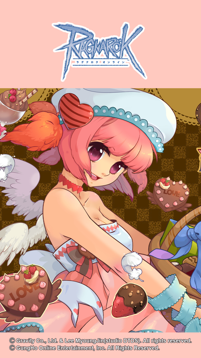 1girl, basket, blue_bow, bow, breasts, brown_background, cake, checkered_background, chocolat_basinio, chocolate, chocolate-covered_food, chocolate_cake, chocolate_strawberry, cleavage, copyright_notice, cowboy_shot, darkirin, dress, feathered_wings, feathers, food, hat, hat_ornament, heart, heart_hat_ornament, highres, logo, looking_at_viewer, looking_to_the_side, medium_breasts, mousse_(food), official_art, official_wallpaper, open_mouth, pink_dress, pink_eyes, pink_hair, pink_skirt, ragnarok_online, short_hair, skirt, smile, solo, strapless, strapless_dress, two_side_up, valentine, wafer_stick, white_hat, white_wings, wings