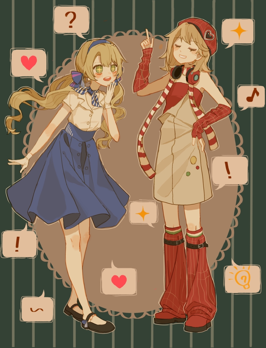 !, +_+, 2girls, :d, ?, absurdres, arm_warmers, bare_shoulders