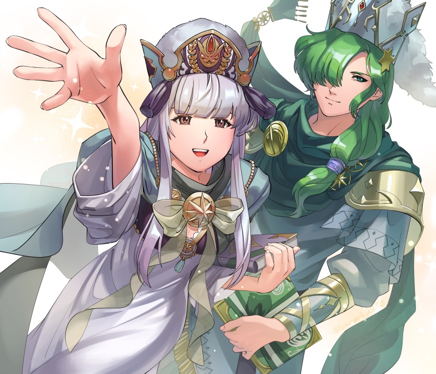 1boy, 1girl, :d, arm_up, armor, asagi_(banzoku210), beads, blunt_bangs, book, breasts, brown_eyes, cape, capelet, cleavage, closed_mouth, commentary, cowboy_shot, curtained_hair, dress, dutch_angle, fire_emblem, fire_emblem:_genealogy_of_the_holy_war, fire_emblem_heroes, fluff, foreshortening, from_above, gem, green_cape, green_capelet, green_eyes, green_hair, hair_between_eyes, hair_over_one_eye, hair_over_shoulder, hat, hat_ornament, hat_tassel, highres, holding, holding_book, julia_(fire_emblem), julia_(scion)_(fire_emblem), lewyn_(fire_emblem), lewyn_(scion)_(fire_emblem), light_particles, long_dress, long_hair, long_sleeves, looking_at_viewer, low-tied_long_hair, medallion, nintendo, official_alternate_costume, one_eye_covered, open_mouth, outstretched_arm, parted_bangs, pauldrons, reaching, reaching_towards_viewer, red_gem, ribbon, see-through_ribbon, shoulder_armor, sidelocks, sleeves_rolled_up, smile, sparkle, star_(symbol), star_hat_ornament, star_ornament, teeth, upper_teeth_only, v-shaped_eyebrows, vambraces, white_background, white_dress, white_hair, yellow_ribbon