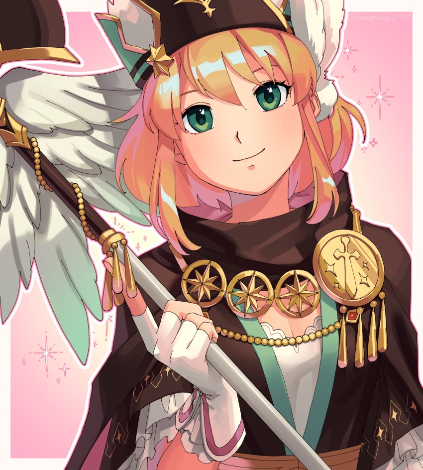 1girl, asagi_(banzoku210), beads, black_cape, black_dress, black_hat, blonde_hair, border