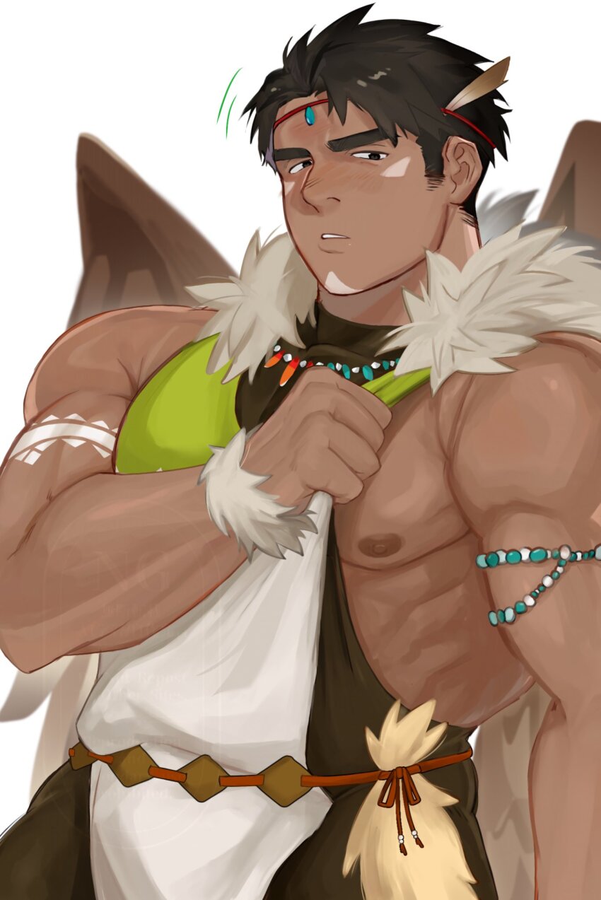 1boy, another_eidos-r, bara, black_hair, blush, brown_wings, come_hither, commentary_request