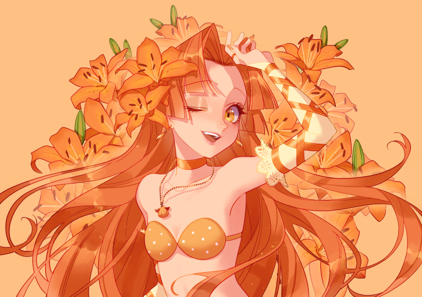 1girl, bra, choker, collarbone, detached_sleeves, flower, frilled_sleeves, frills