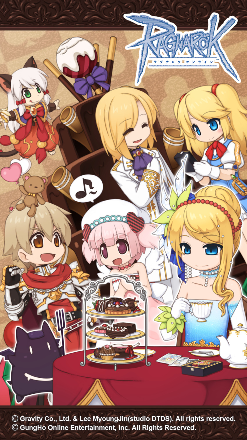 2boys, 4girls, :q, animal_ears, armor, ascot, banana, black_gloves