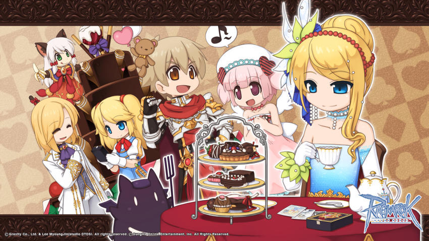 2boys, 4girls, :q, animal_ears, armor, ascot, banana, black_gloves