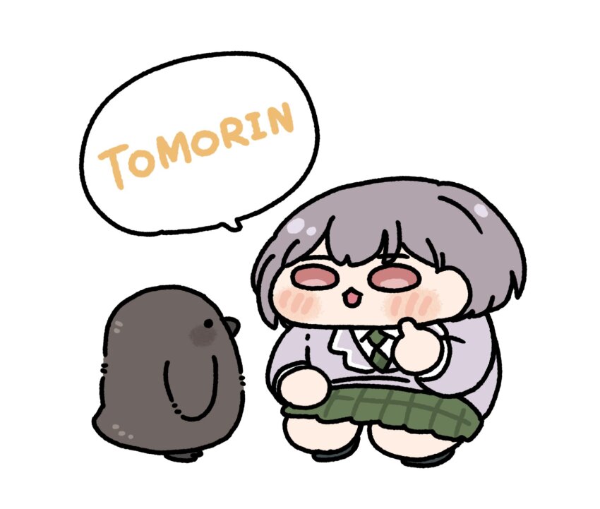 1girl, :3, animal, bang_dream!, bang_dream!_it's_mygo!!!!!, bird, black_footwear, blush, bob_cut, character_name, chibi, chibi_only, commentary, english_text, eye_contact, fuwafuwa_35, green_necktie, grey_hair, grey_jacket, haneoka_school_uniform, highres, jacket, looking_at_another, miniskirt, name_connection, necktie, no_pupils, open_mouth, penguin, pink_eyes, plaid_clothes, plaid_skirt, real_life, school_uniform, short_hair, simple_background, skirt, speech_bubble, squatting, standing, taiwan, takamatsu_tomori, tomorin_(penguin), white_background, xpark