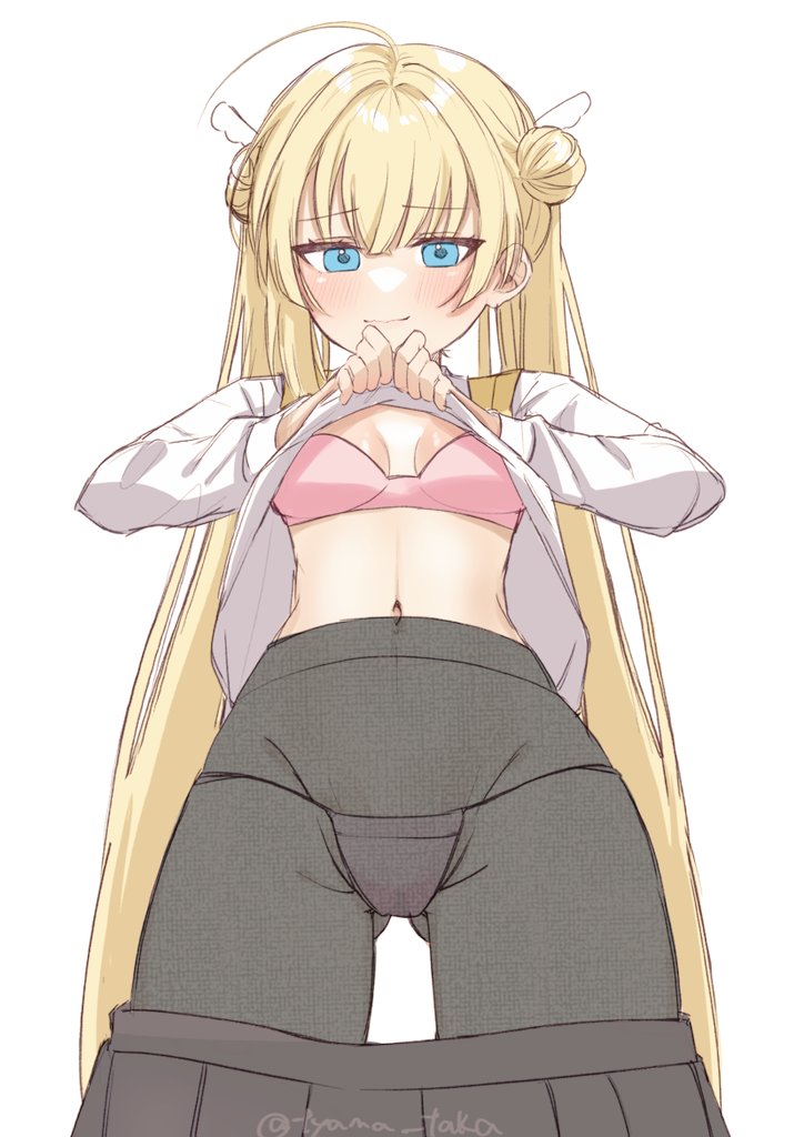 1girl, ahoge, black_pantyhose, blonde_hair, blue_eyes, blush, bra, breasts