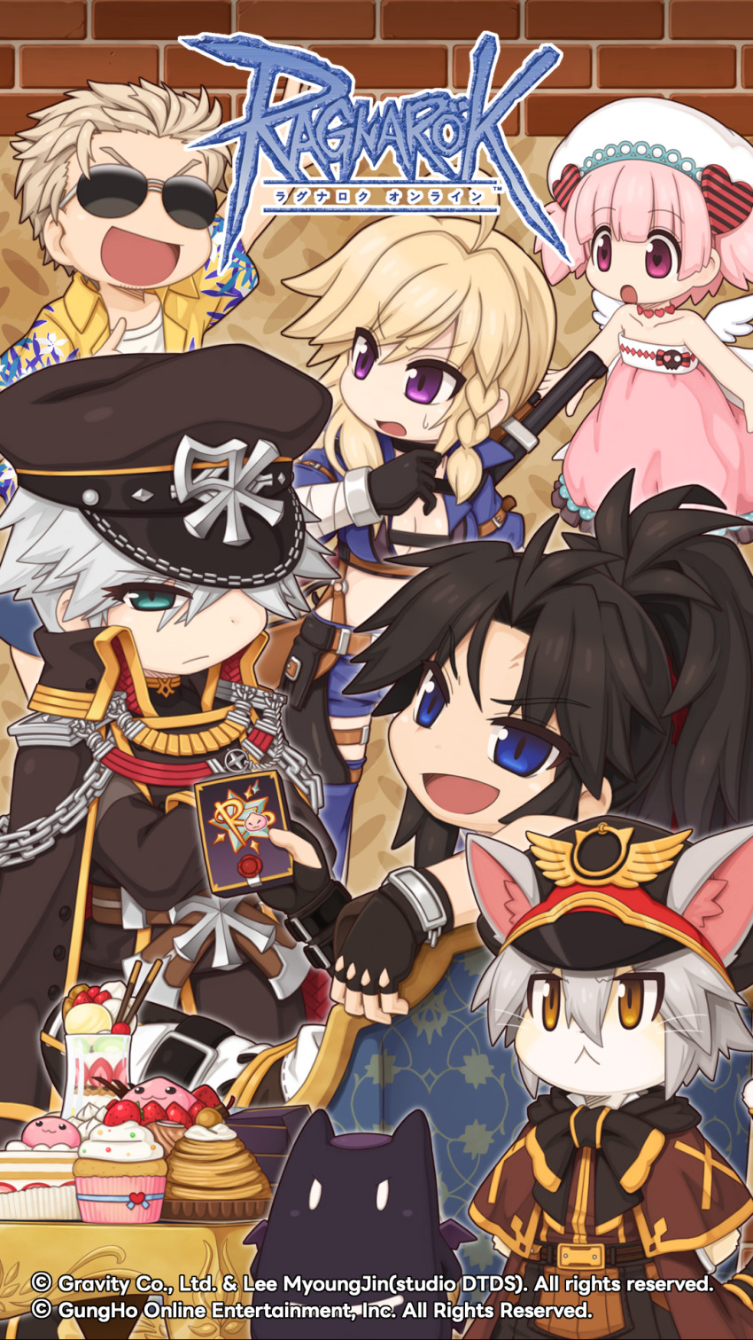 4girls, :<, :d, :o, abyss_chaser_(ragnarok_online), ahoge, animal_ear_fluff, animal_ears