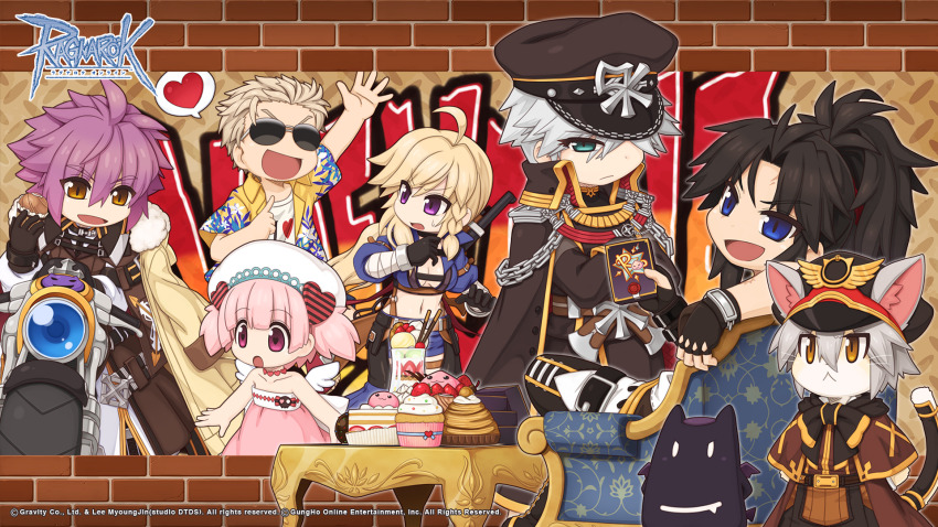 3boys, 4girls, :<, :d, :o, abyss_chaser_(ragnarok_online), ahoge, animal_ear_fluff