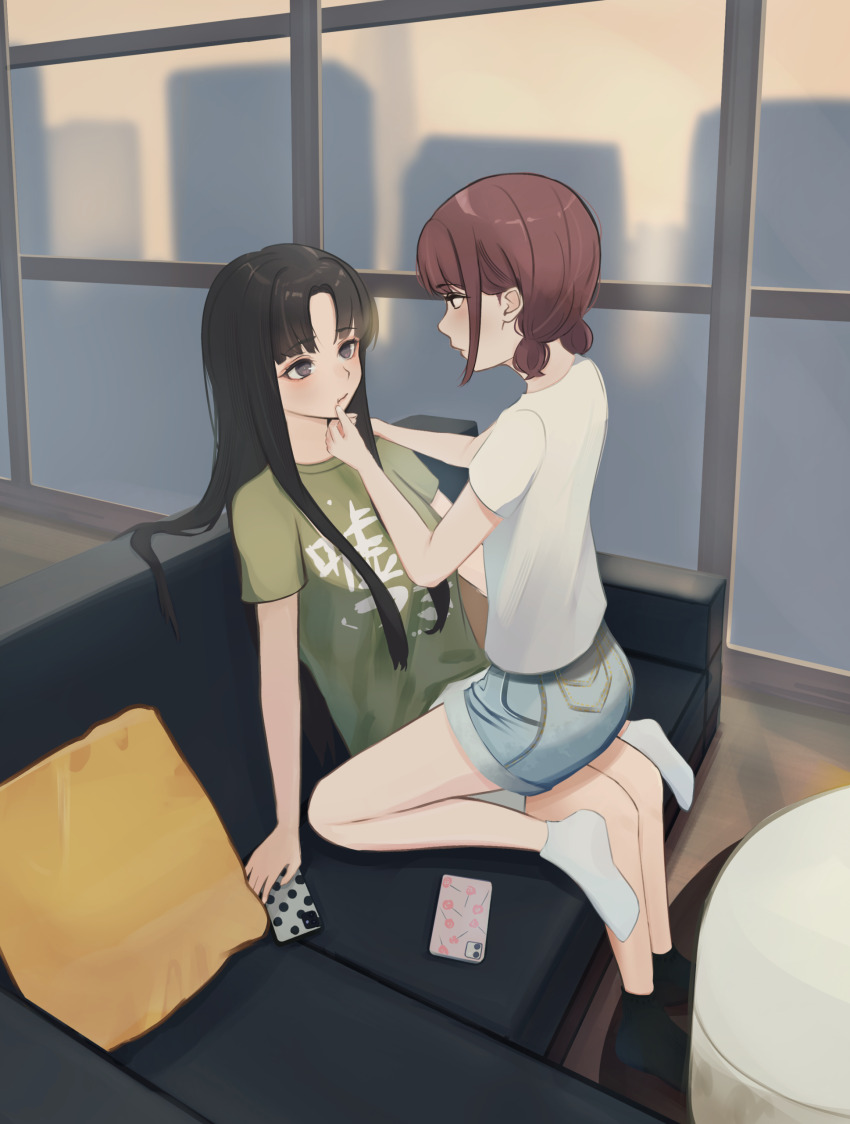 2girls, absurdres, awa_subaru, black_eyes, black_hair, black_socks, blue_shorts, cellphone