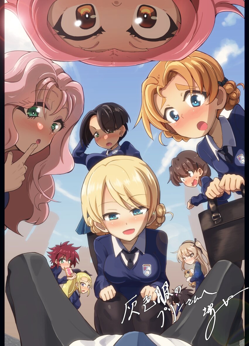 1boy, 6+girls, absurdres, arm_on_own_head, assam_(girls_und_panzer), bag, black_bag, black_bow