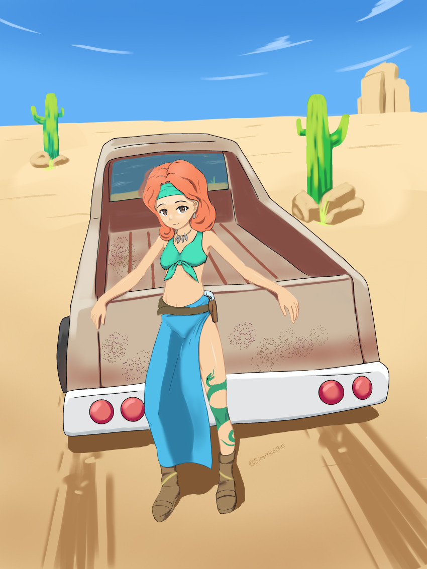1girl, absurdres, belt, blue_skirt, blue_sky, boots, breasts, brown_footwear, cactus, car, cloud, commentary, desert, earrings, english_commentary, engrish_commentary, green_shirt, gun, handgun, headband, highres, holster, jewelry, leg_tattoo, long_skirt, looking_at_viewer, mature_female, motor_vehicle, navel, necklace, nina_loco, pistol, red_hair, sand, shirt, short_hair, siegfried1810, skirt, sky, sleeveless, sleeveless_shirt, small_breasts, smile, snake_tattoo, tattoo, tied_shirt, tooth_necklace, truck, vigilante_8, vigilante_8:_2nd_offense, weapon