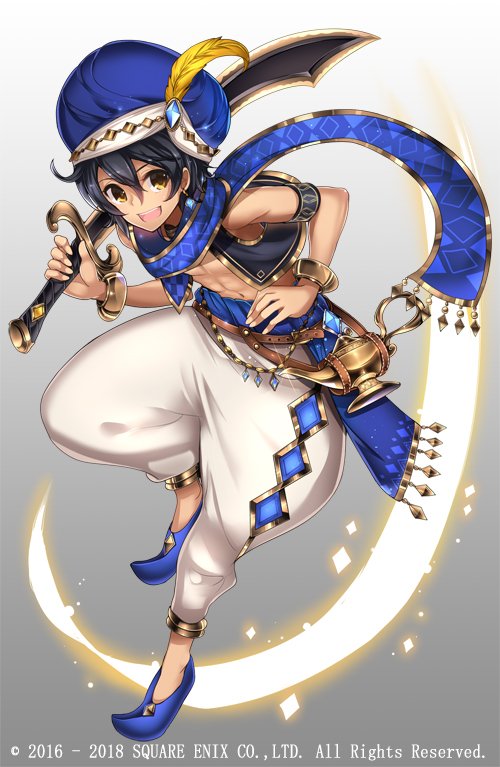 1boy, abs, aladdin_(grimms_notes), arabian_clothes, black_hair, brown_eyes, copyright_notice, full_body