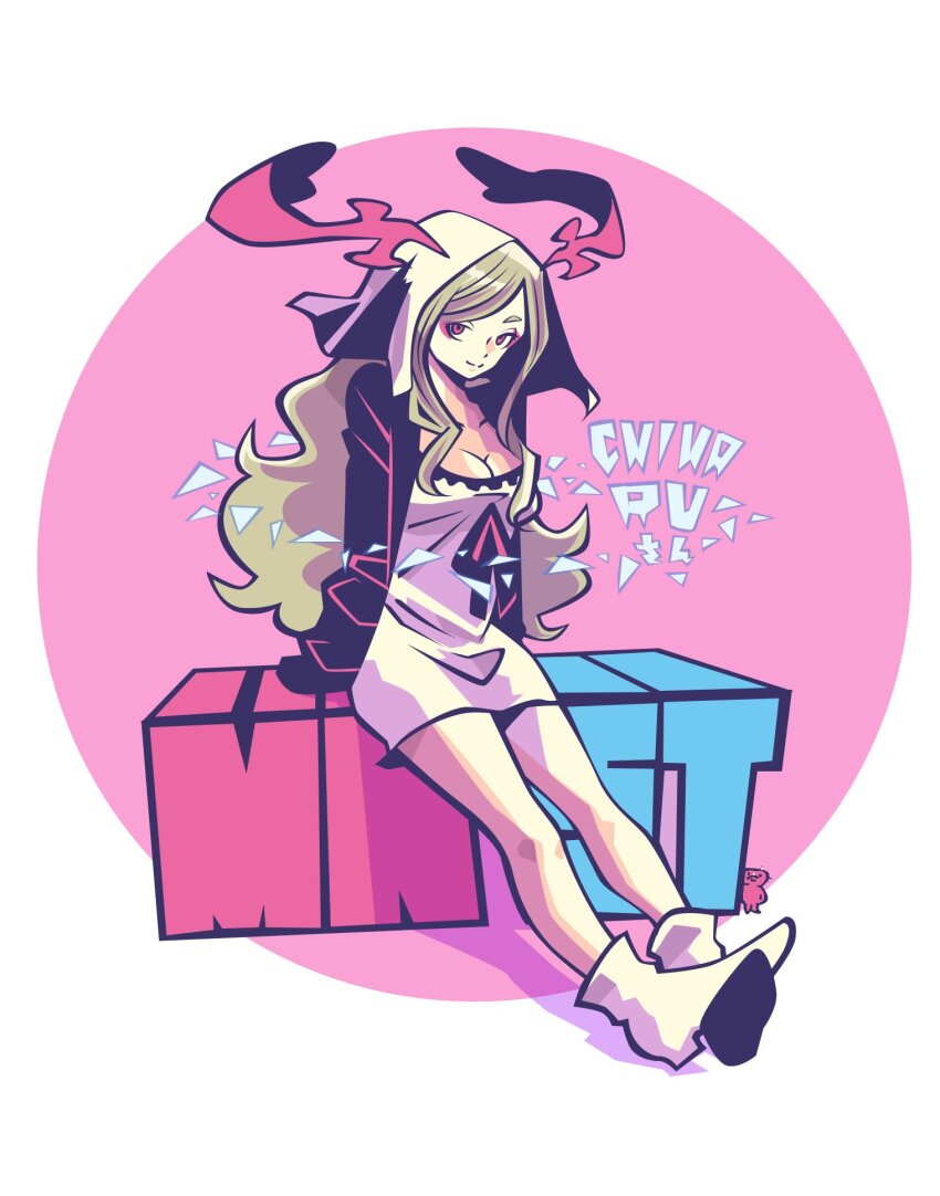 1girl, blonde_hair, boots, circle, commentary_request, dress, eyeliner, full_body