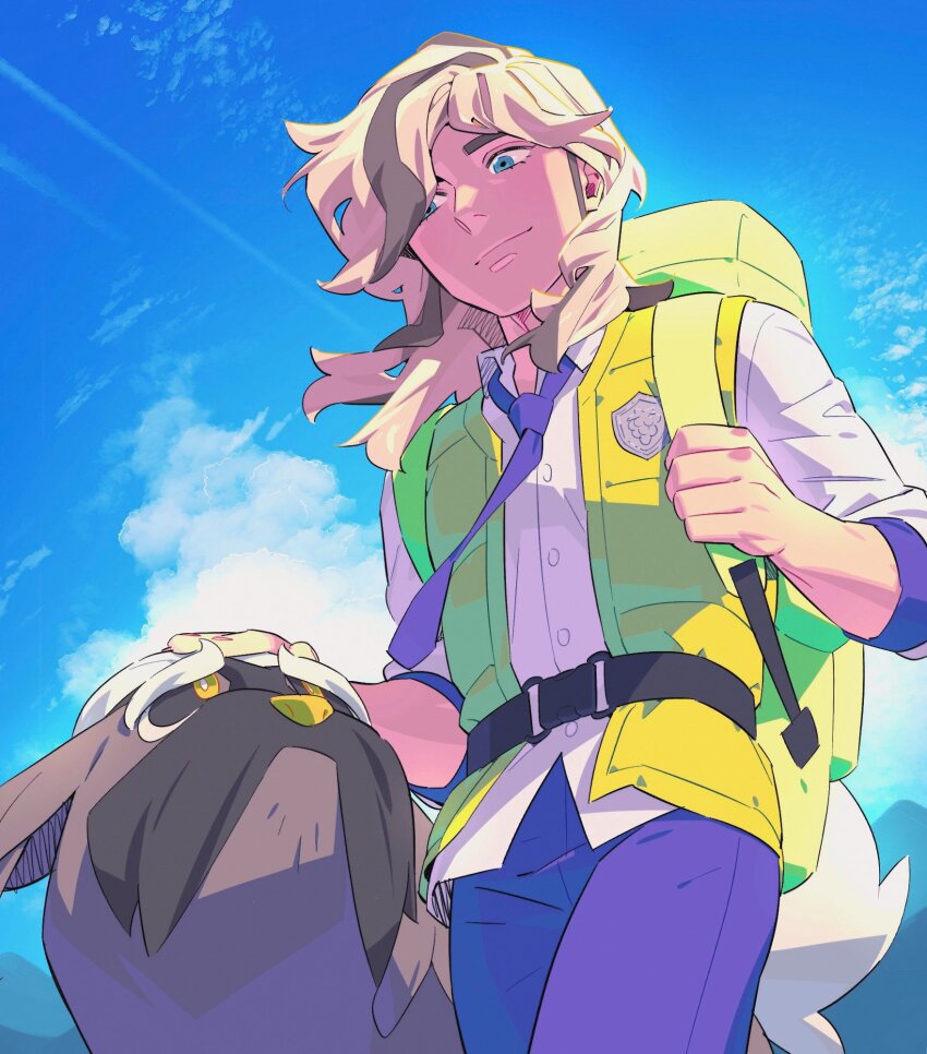 1boy, arven_(pokemon), backpack, bag, blue_eyes, brown_hair, buttons, closed_mouth