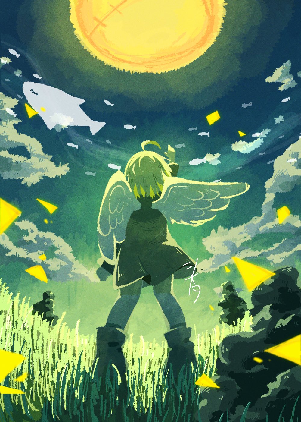 1girl, ahoge, angel, angel_wings, arm_at_side, blonde_hair, boots, cloud