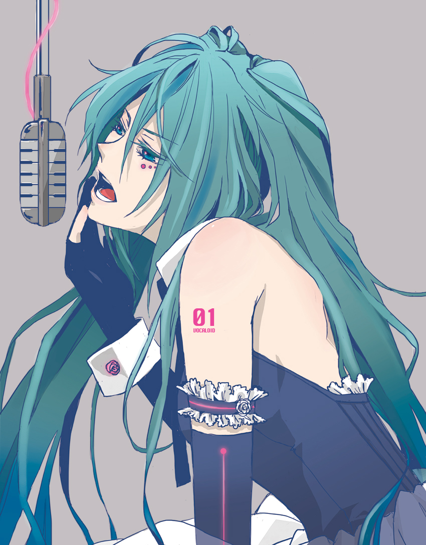 1girl, aqua_eyes, aqua_hair, bad_id, bad_pixiv_id, date_(toybox), elbow_gloves, female_focus, fingerless_gloves, gloves, hatsune_miku, long_hair, microphone, music, open_mouth, simple_background, singing, solo, studio_microphone, twintails, vocaloid