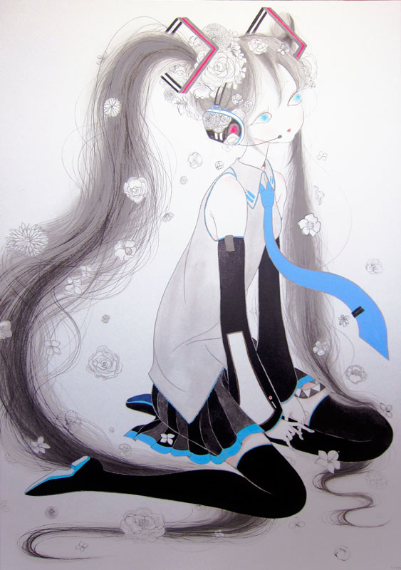 1girl, female_focus, flower, hair_flower, hair_ornament, hatsune_miku, headphones, long_hair