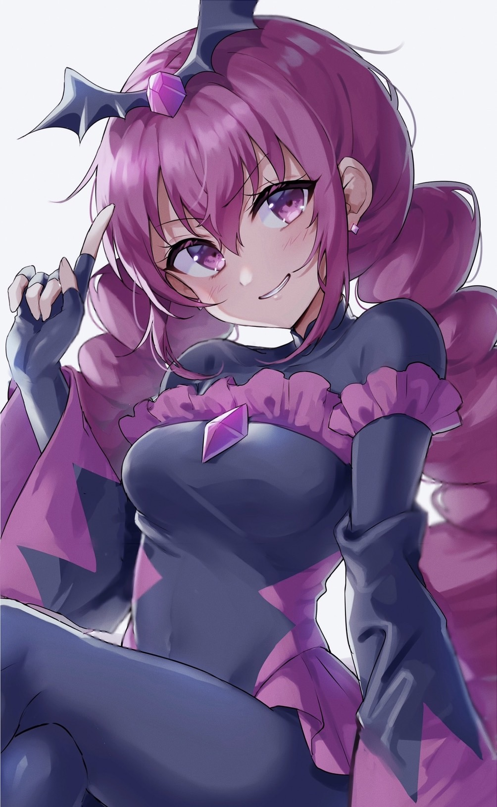 1girl, arm_up, bad_end_happy, bad_end_precure, bat_wings, black_bodysuit, black_gloves, bodysuit