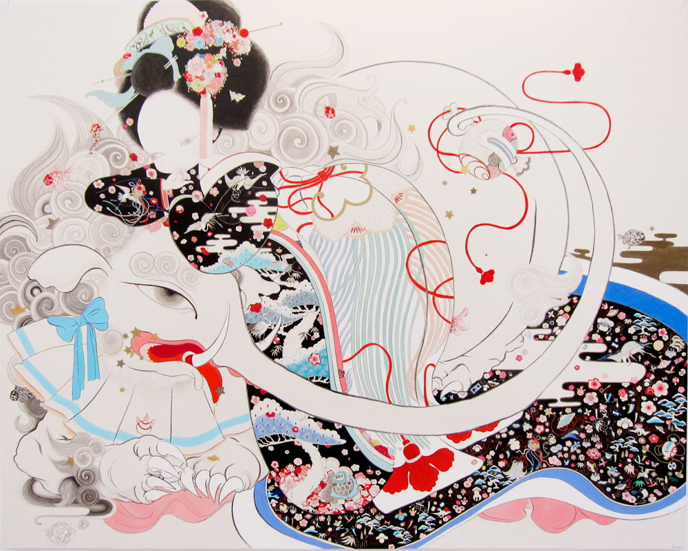 1girl, black_hair, bow, claws, colored_skin, creature, egasumi, elephant