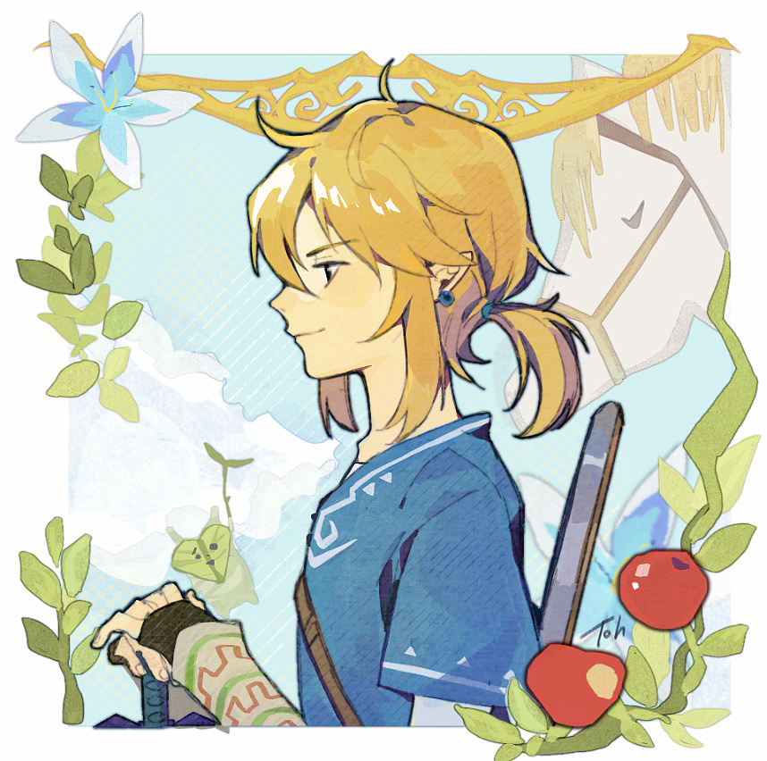 1boy, animal, apple, arms_up, black_gloves, blonde_hair, blue_flower, blue_tunic