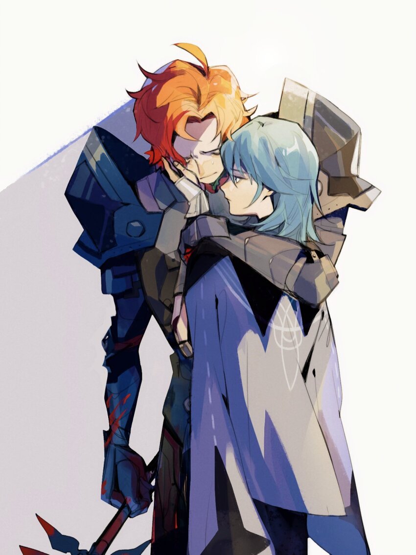 1boy, 1girl, arm_around_shoulder, armor, black_cape, blood, blood_on_armor, bloody_weapon