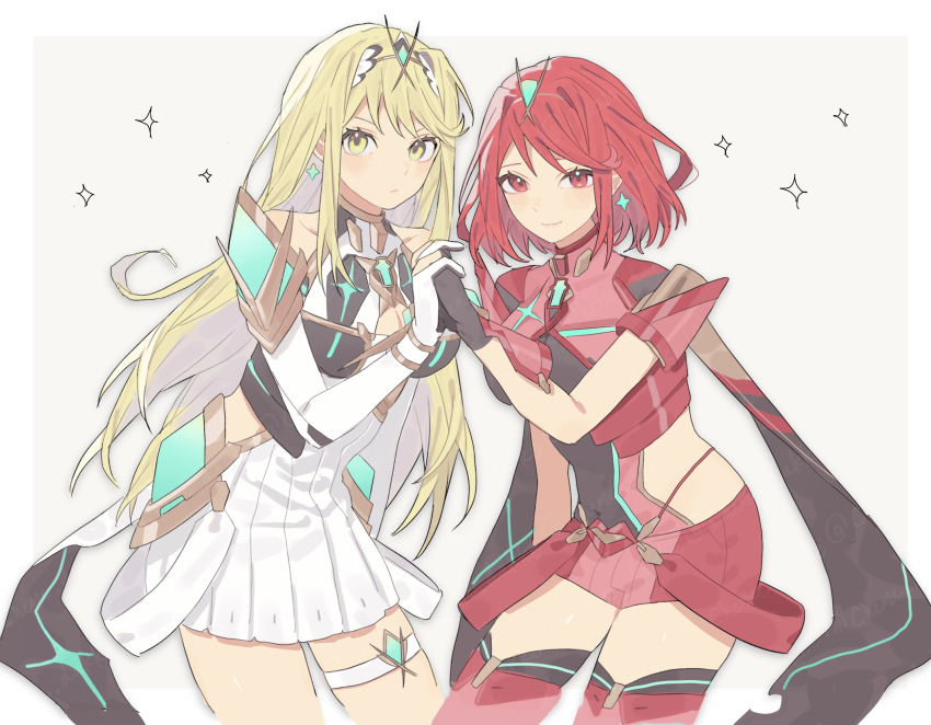 2girls, bare_shoulders, black_gloves, blonde_hair, breasts, cheese_dakke, cleavage_cutout, clothing_cutout