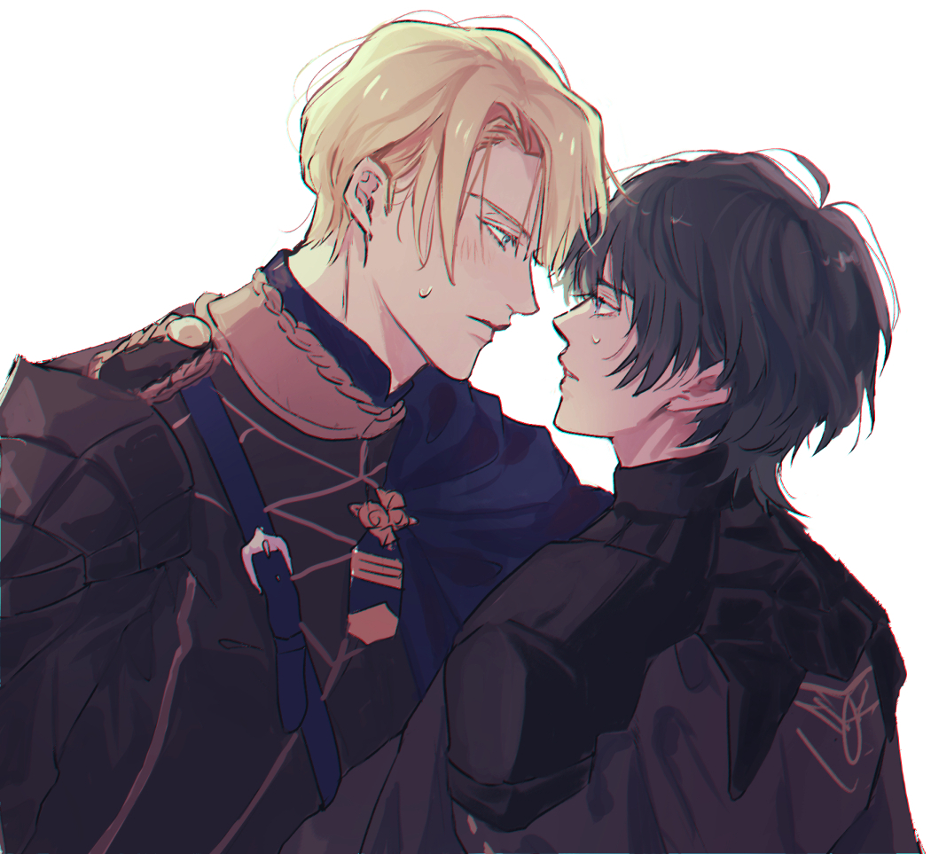 2boys, armor, belt, belt_buckle, black_armor, black_cape, black_hair, black_shirt, blonde_hair, blue_belt, blue_cape, blue_eyes, blush, buckle, male_byleth_(fire_emblem), cape, chest_belt, couple, dimitri_alexandre_blaiddyd, eye_contact, fire_emblem, fire_emblem:_three_houses, garreg_mach_monastery_uniform, gorget, looking_at_another, male_focus, multiple_boys, nervous, nervous_sweating, nintendo, parted_lips, profile, school_uniform, shirt, side_cape, simple_background, small_sweatdrop, soranaki, sweat, white_background, yaoi