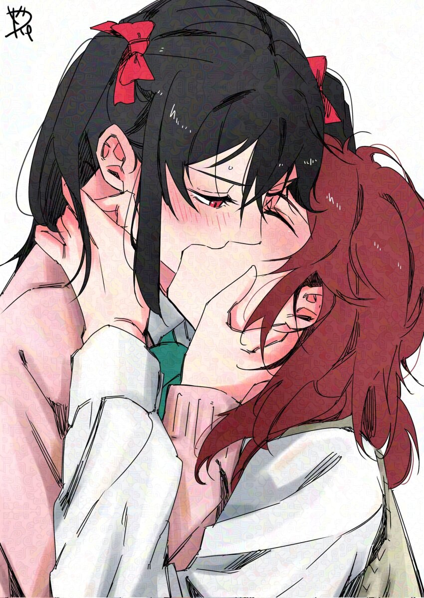 2girls, adversarial_noise, black_hair, closed_eyes, commentary_request, corrupted_twitter_file, french_kiss, hand_on_another's_face, hand_on_another's_neck, highres, kiss, long_hair, long_sleeves, love_live!, love_live!_school_idol_project, multiple_girls, nishikino_maki, otonokizaka_school_uniform, pink_sweater, red_eyes, school_uniform, shirt, simple_background, surfacedxxc, sweat, sweater, twintails, white_background, white_shirt, yazawa_nico, yuri