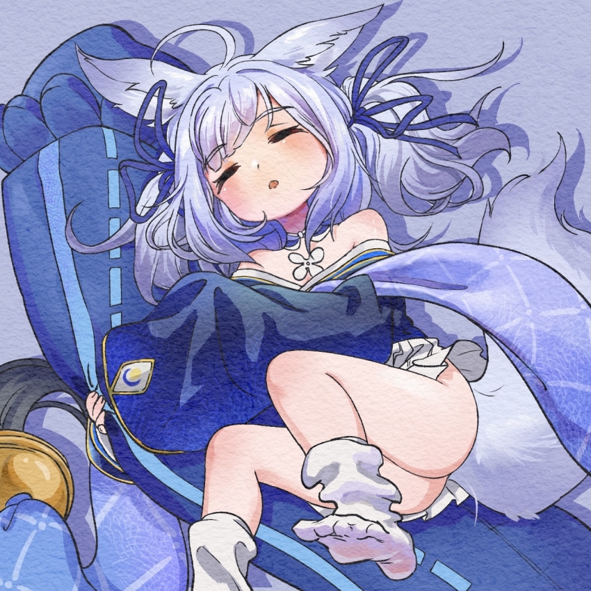 ahoge, animal_ears, azur_lane, blue_hair, blue_kimono, child, closed_eyes, faux_traditional_media, fox_ears, fox_girl, fox_tail, gradient_hair, hair_ribbon, highres, holding, holding_pillow, japanese_clothes, kimono, kitsune, light_blue_hair, loose_socks, multicolored_hair, nya_kirin, paper_texture, pillow, ribbon, shinano-chan_(azur_lane), skirt_under_kimono, sleeping, socks, tail, thighs, twintails, white_hair