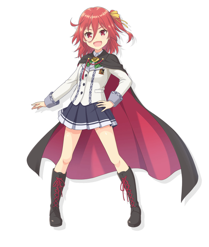 1girl, :d, black_boots, black_cape, black_skirt, blazer, blush, boots