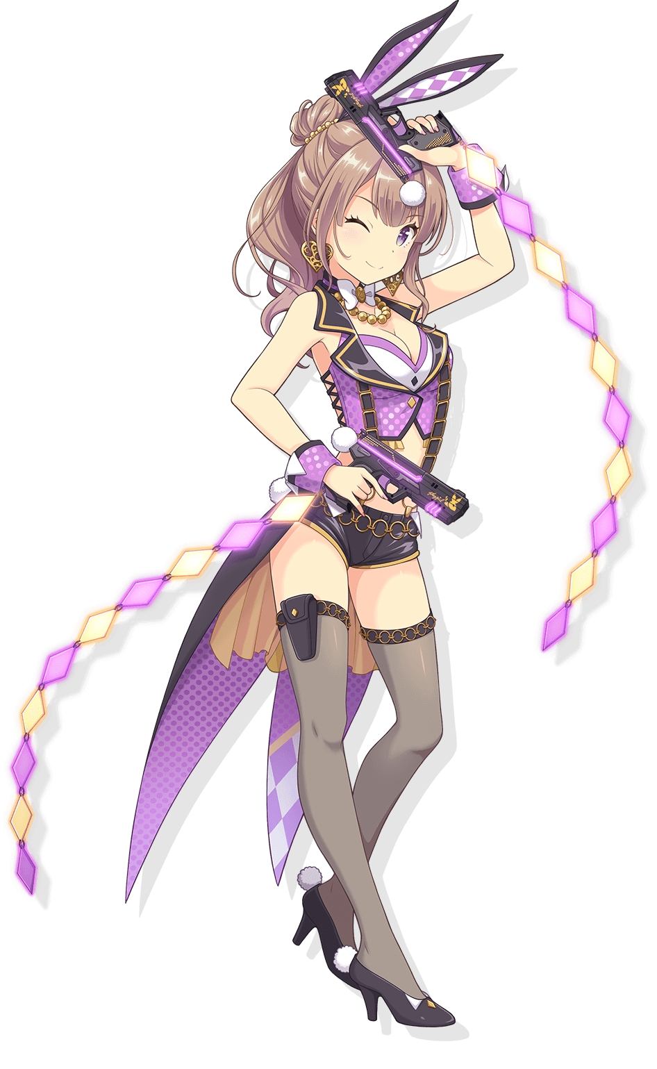 1girl, ;), black_shoes, black_shorts, bow, bowtie, breasts, brown_hair