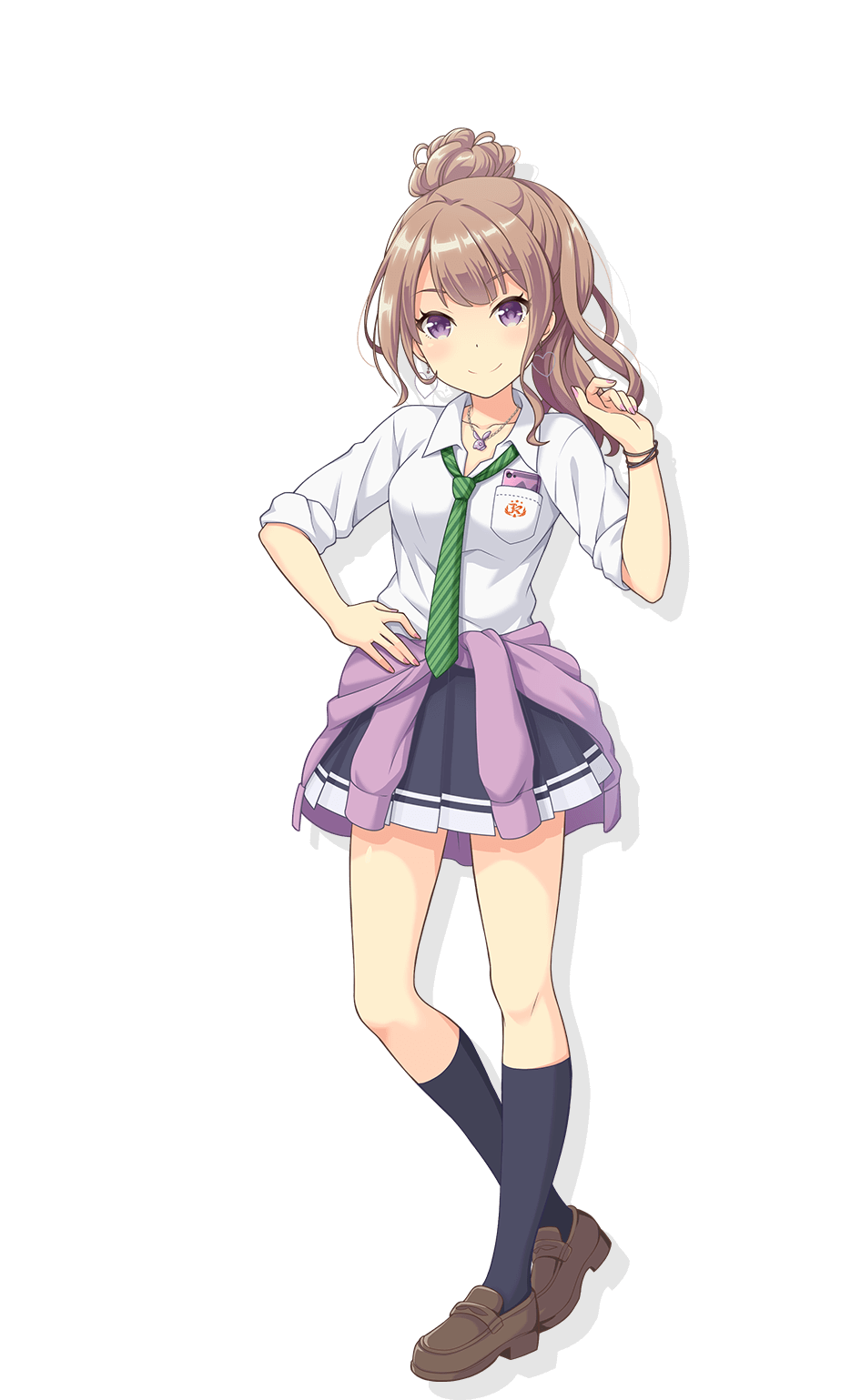 1girl, black_skirt, black_socks, blush, breast_pocket, breasts, brown_hair, brown_shoes