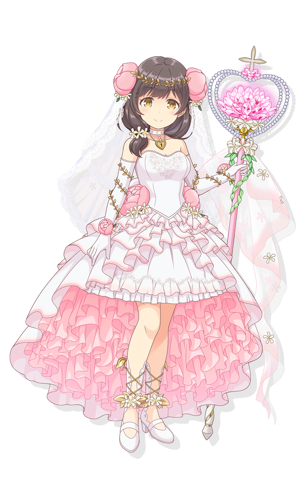 1girl, bare_shoulders, breasts, bridal_veil, bride, brown_eyes, brown_hair, cleavage