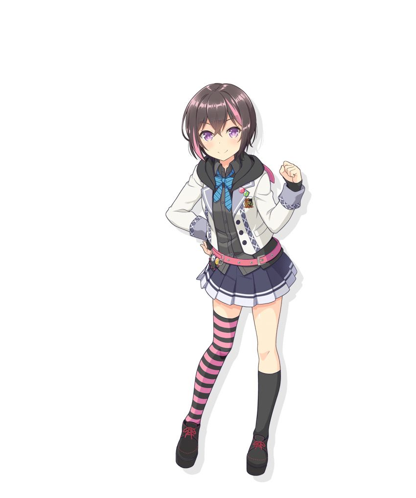 1girl, asymmetrical_legwear, belt, black_hair, black_shirt, black_skirt, black_socks, black_thighhighs