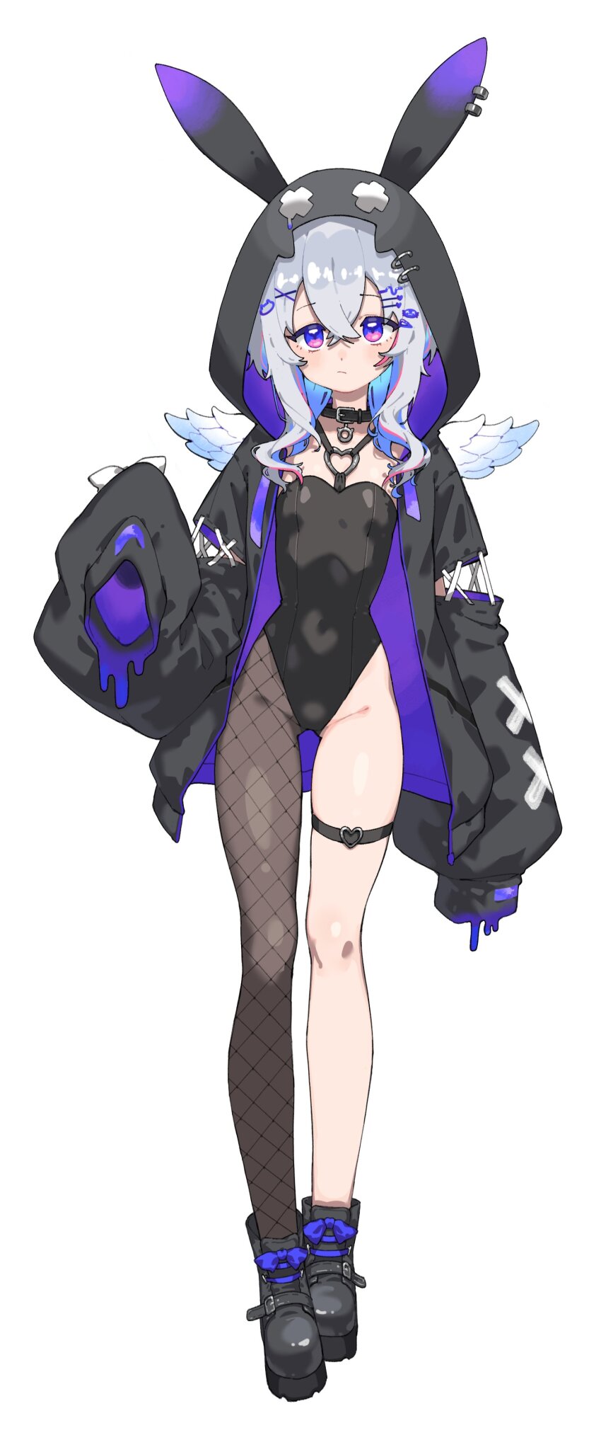 1girl, absurdres, amane_kanata, asymmetrical_legwear, black_hoodie, black_leotard, fishnet_pantyhose, fishnets