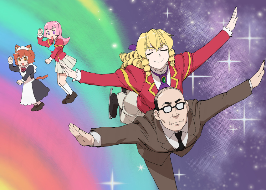 1boy, 3girls, akuyaku_reijou_tensei_ojisan, anna_doll, balding, black_footwear, blazer, blonde_hair